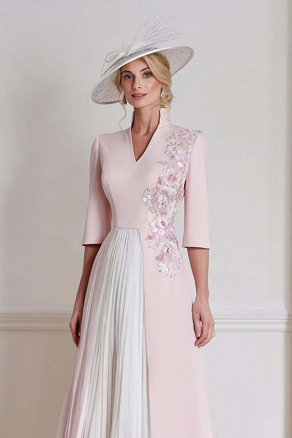 Candy Pink Floral A Line Midi Mother of the Bride Dress with Sleeves