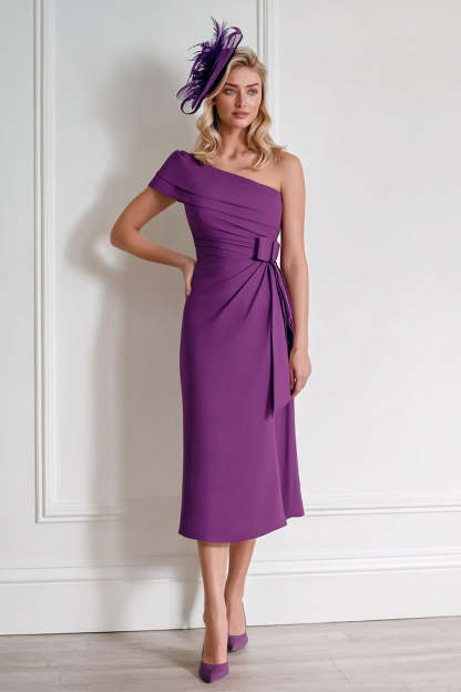 Leely Women Grape Sheath Chiffon Mother of the Bride Dress with Bow One Shoulder Midi Summer Wedding Guest Dress