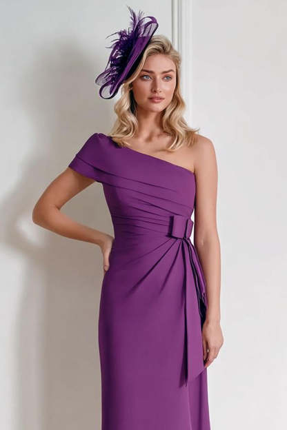 Grape Chiffon One Shoulder Midi Mother of the Bride Dress with Bow