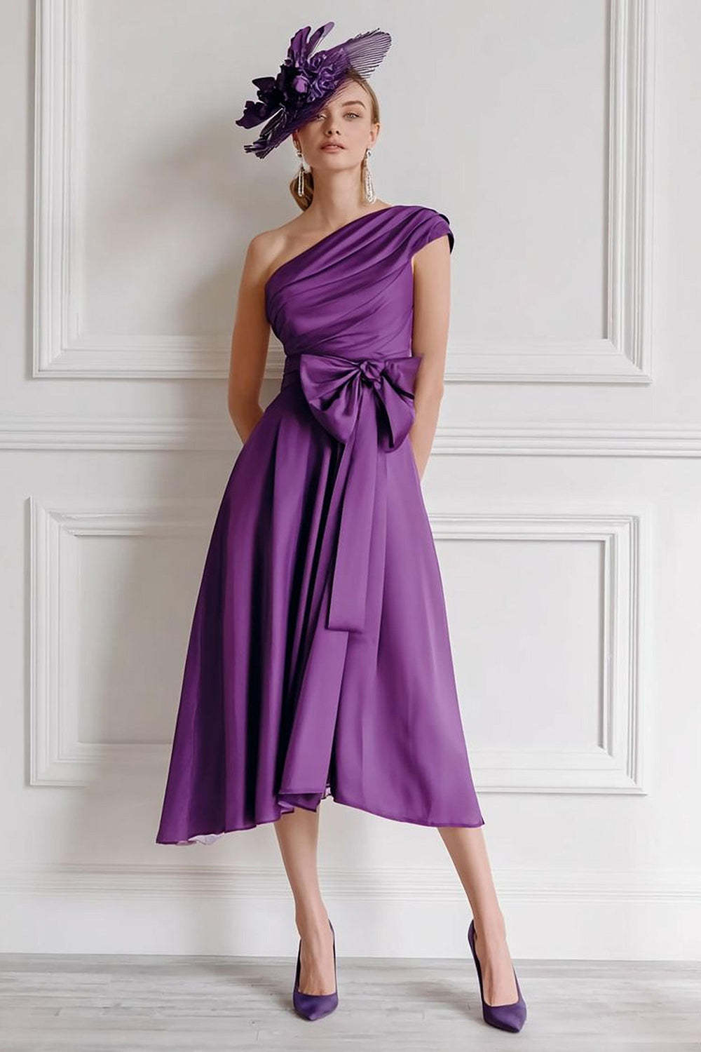 Leely Women Grape Chiffon Midi Mother of the Bride Dress with Bow A Line One Shoulder Stunning Wedding Guest Dress