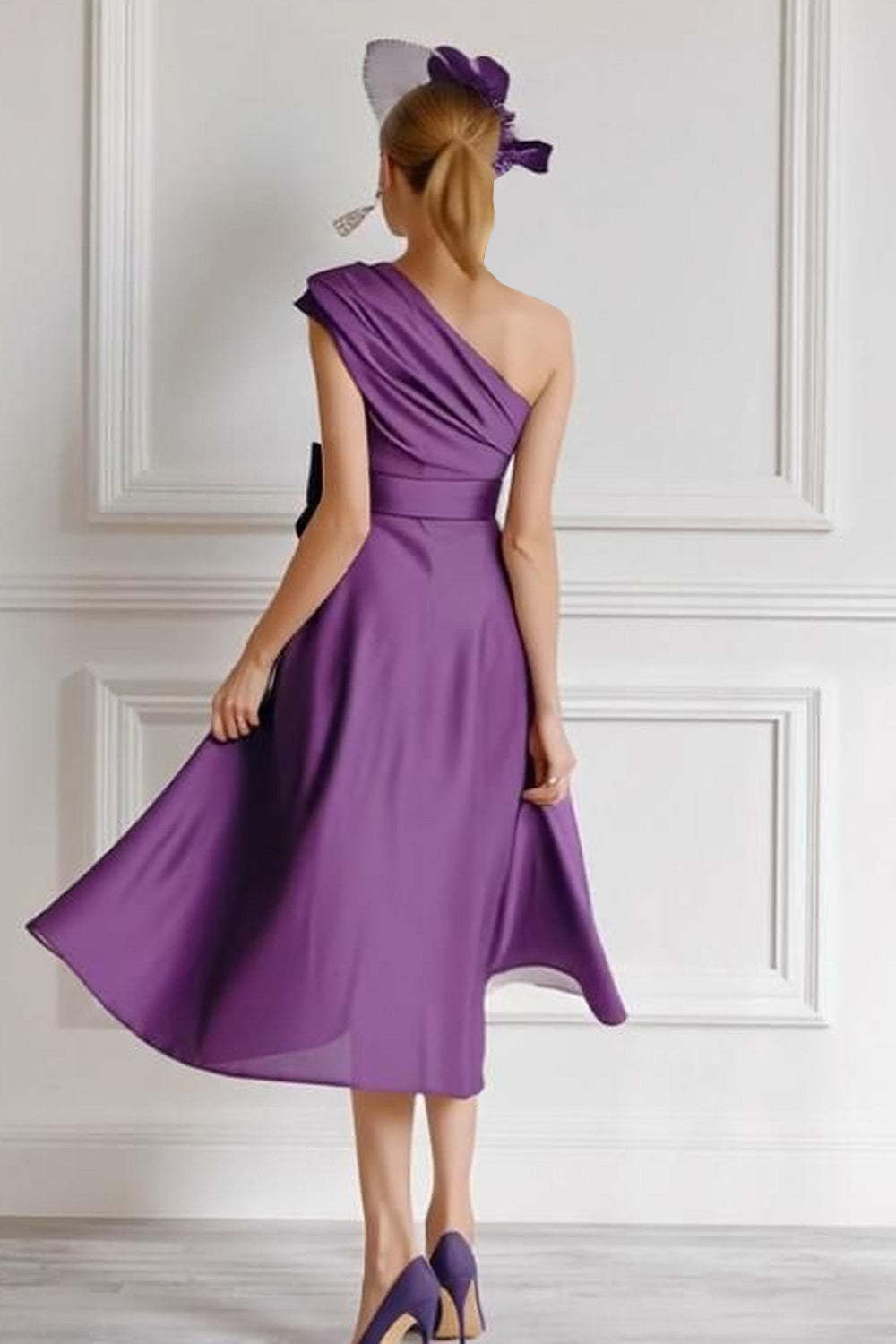 Grape A Line Midi One Shoulder Mother of the Bride Dress with Bow