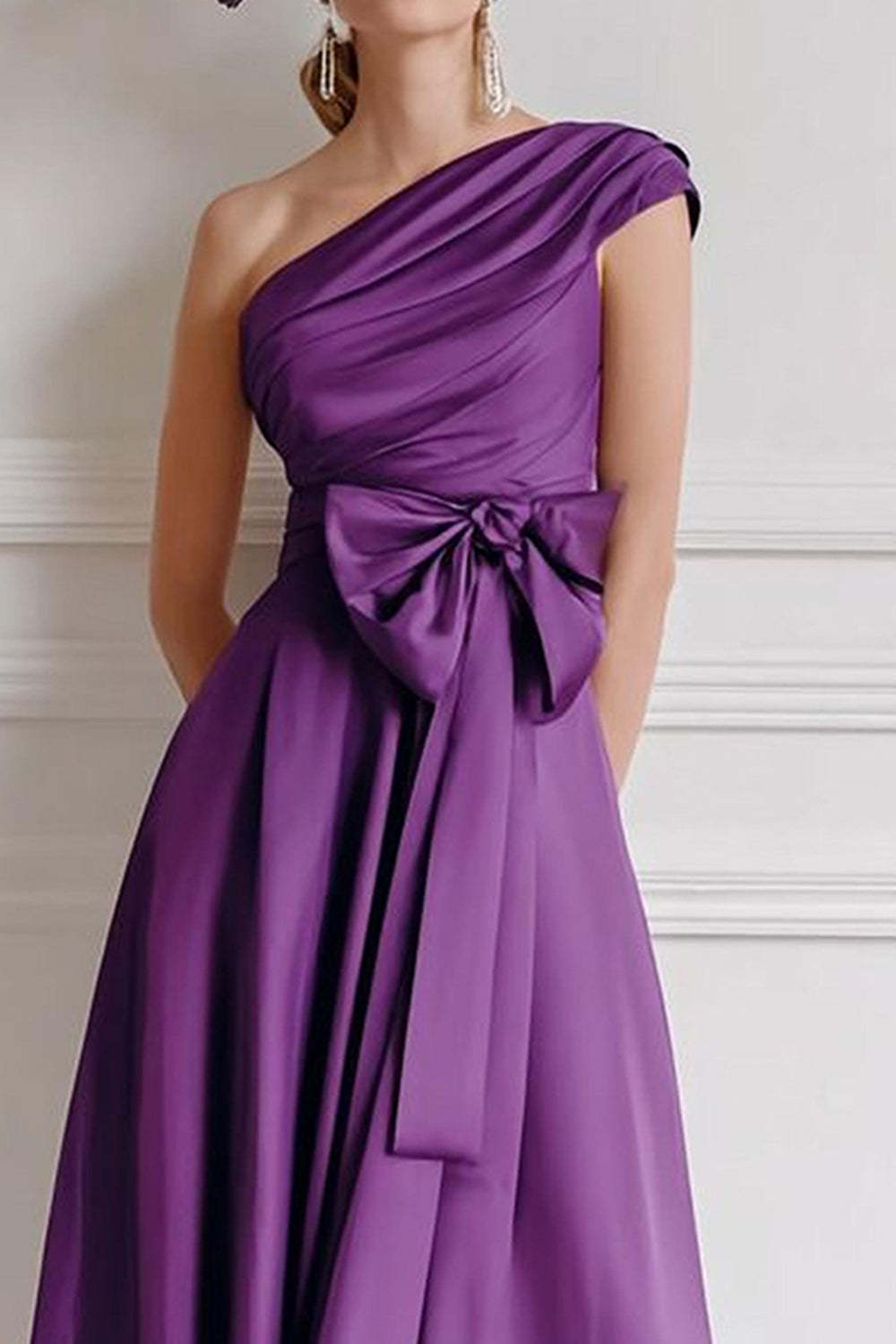 Grape A Line Midi One Shoulder Mother of the Bride Dress with Bow