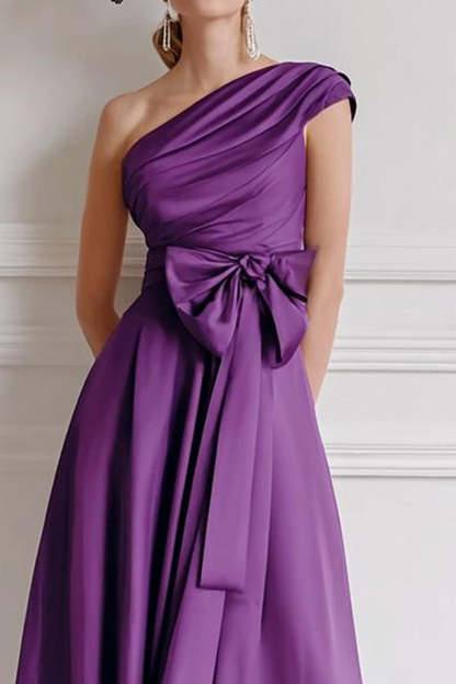 Grape A Line Midi One Shoulder Mother of the Bride Dress with Bow