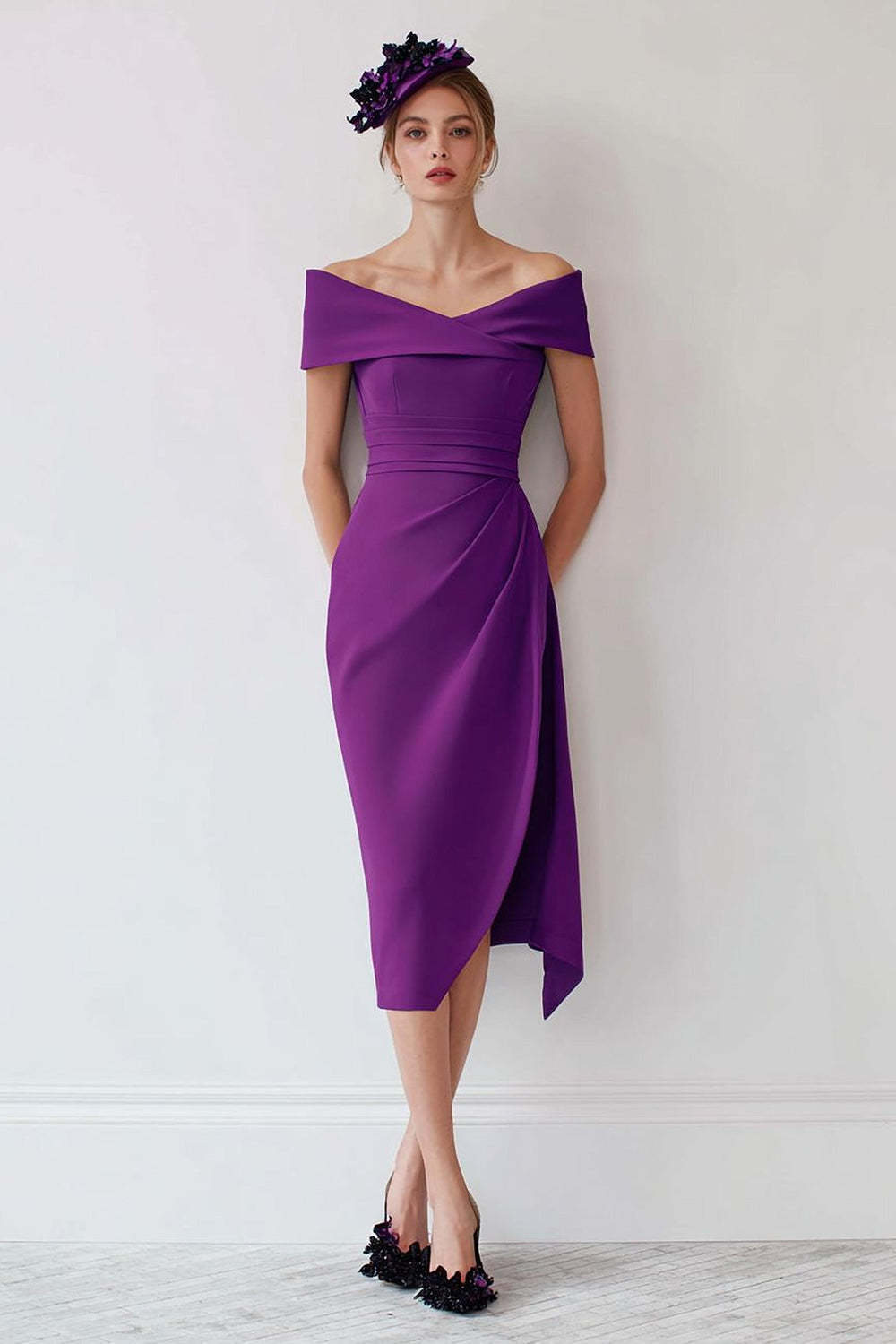 Leely Women Grape Sheath Satin Midi Mother of the Bride Dress Off the Shoulder Stunning Wedding Guest Dress with Slit