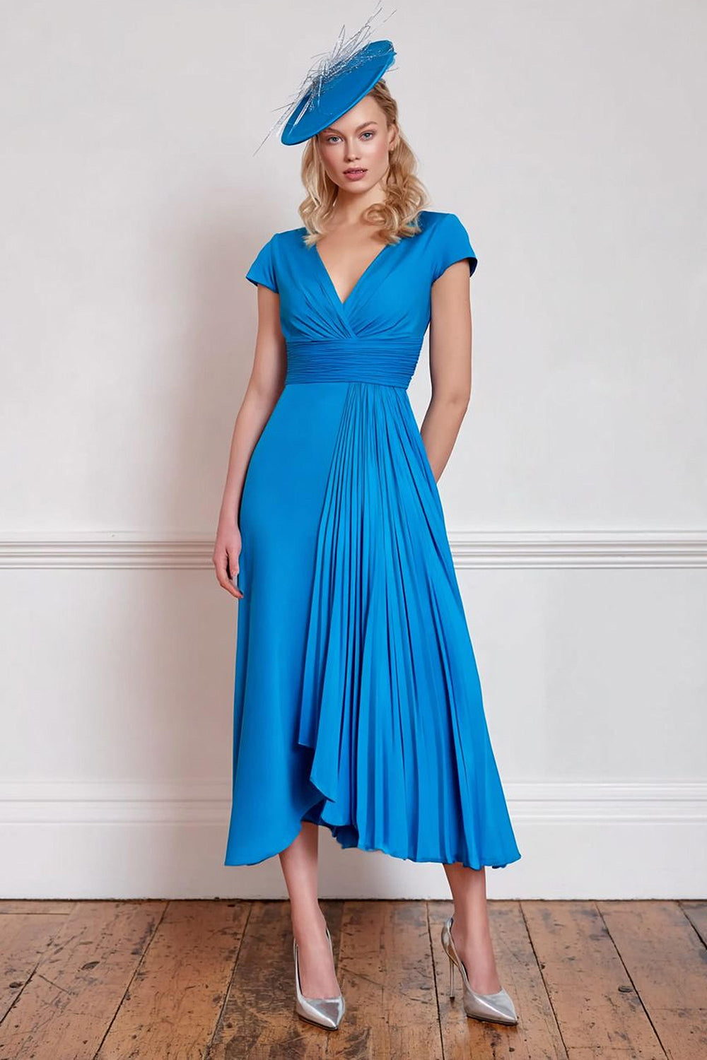 Leely Women Blue Pleated Midi Mother of the Bride Dress A Line V-Neck Summer Wedding Guest Dress with Sleeves