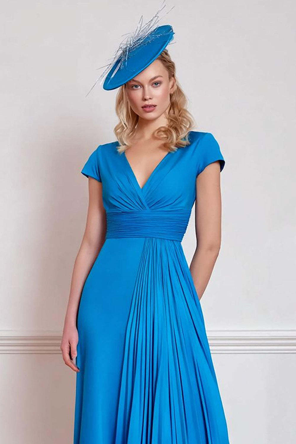 Blue Pleated V-Neck Midi Mother of the Bride Dress with Sleeves