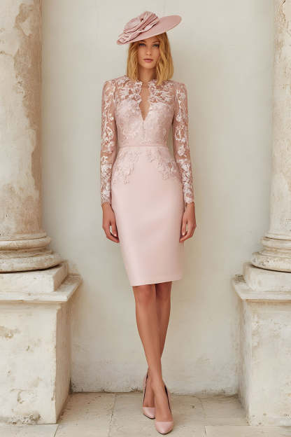 Leely Women Blush Pink Satin Midi Mother of the Bride Dress with Lace Sheath V-Neck Stunning Wedding Guest Dress with Sleeves