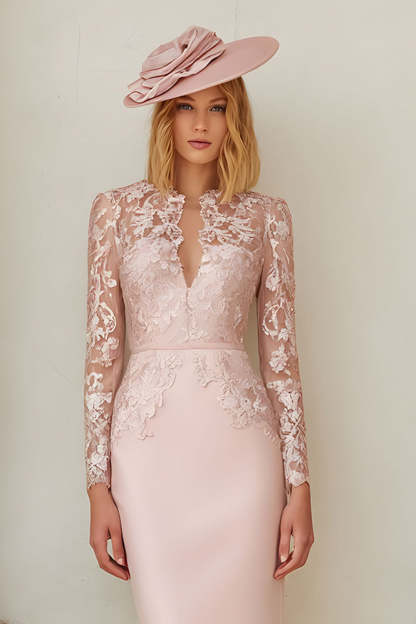 Blush Pink Sheath Midi Mother of the Bride Dress with Lace
