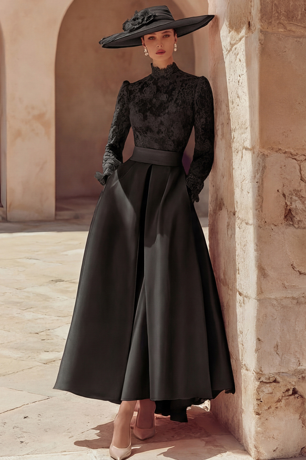 Candy Pink A Line High Neck Long Mother of the Bride Dress with Lace