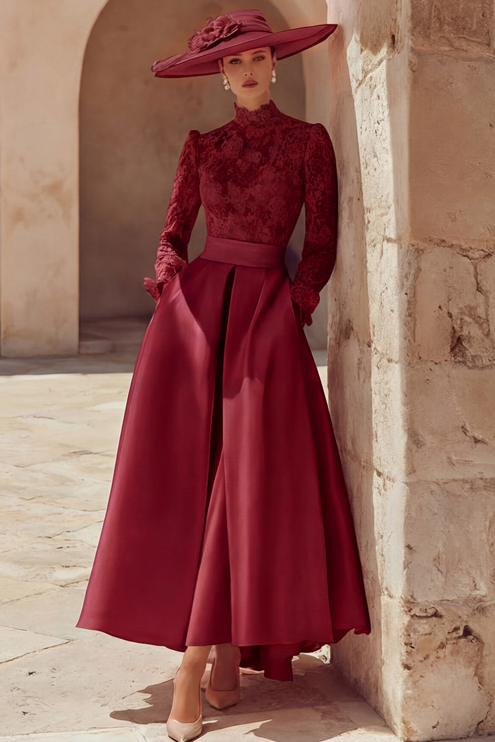 Candy Pink A Line High Neck Long Mother of the Bride Dress with Lace