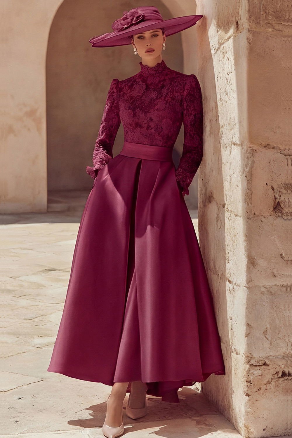 Candy Pink A Line High Neck Long Mother of the Bride Dress with Lace