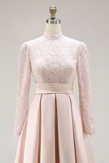 Candy Pink A Line High Neck Long Mother of the Bride Dress with Lace