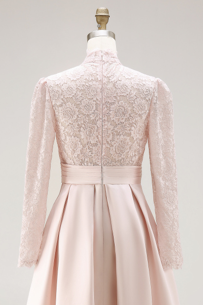 Candy Pink A Line High Neck Long Mother of the Bride Dress with Lace