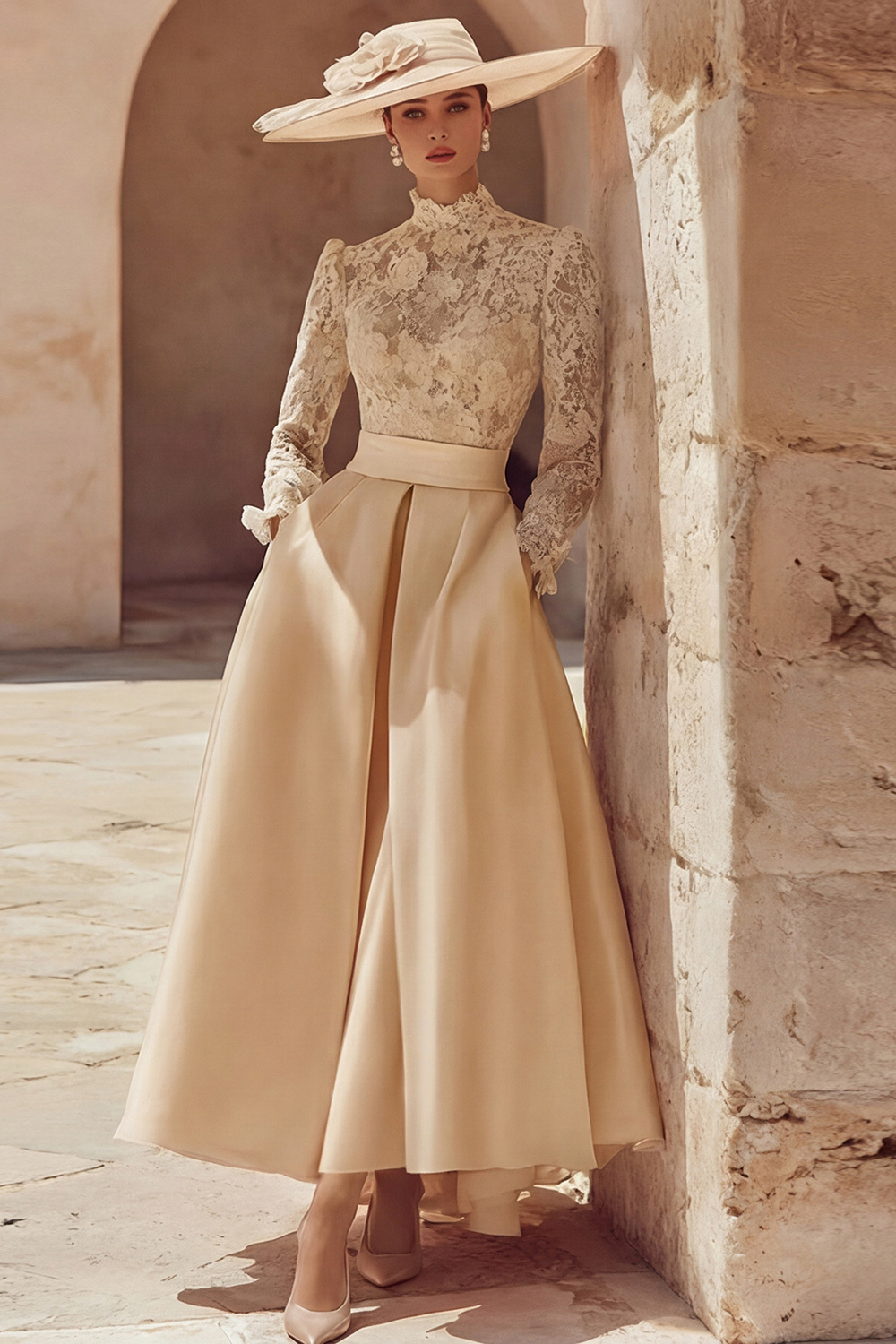 Candy Pink A Line High Neck Long Mother of the Bride Dress with Lace