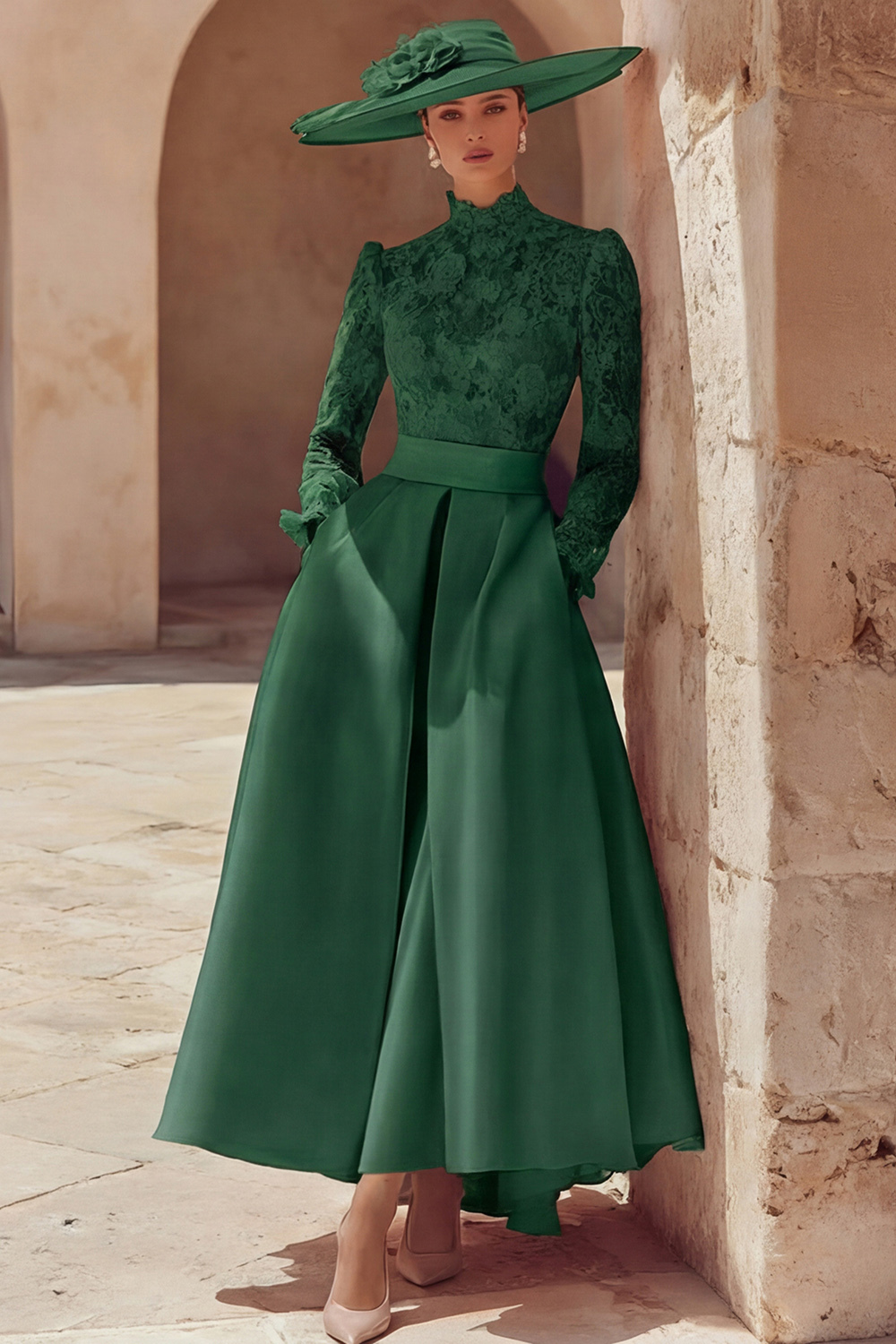 Candy Pink A Line High Neck Long Mother of the Bride Dress with Lace