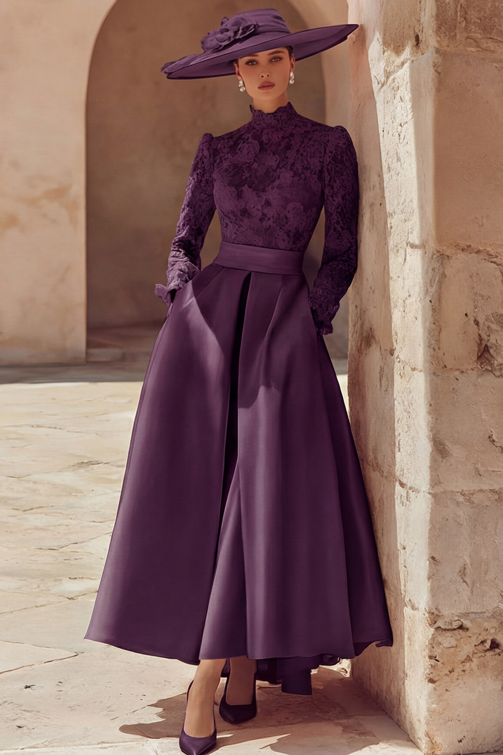 Candy Pink A Line High Neck Long Mother of the Bride Dress with Lace