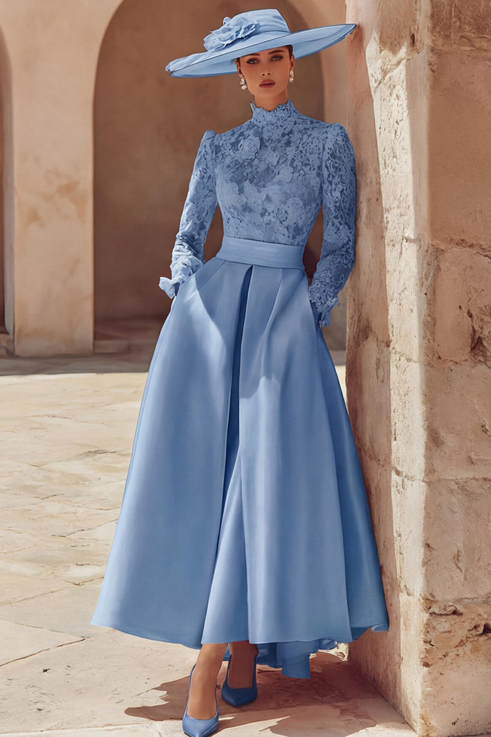 Leely Women Candy Pink A Line Maxi Mother of the Bride Dress with Lace High Neck Long Sleeves Stunning Wedding Guest Dress with Pockets