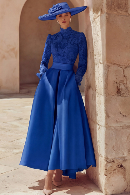 Candy Pink A Line High Neck Long Mother of the Bride Dress with Lace