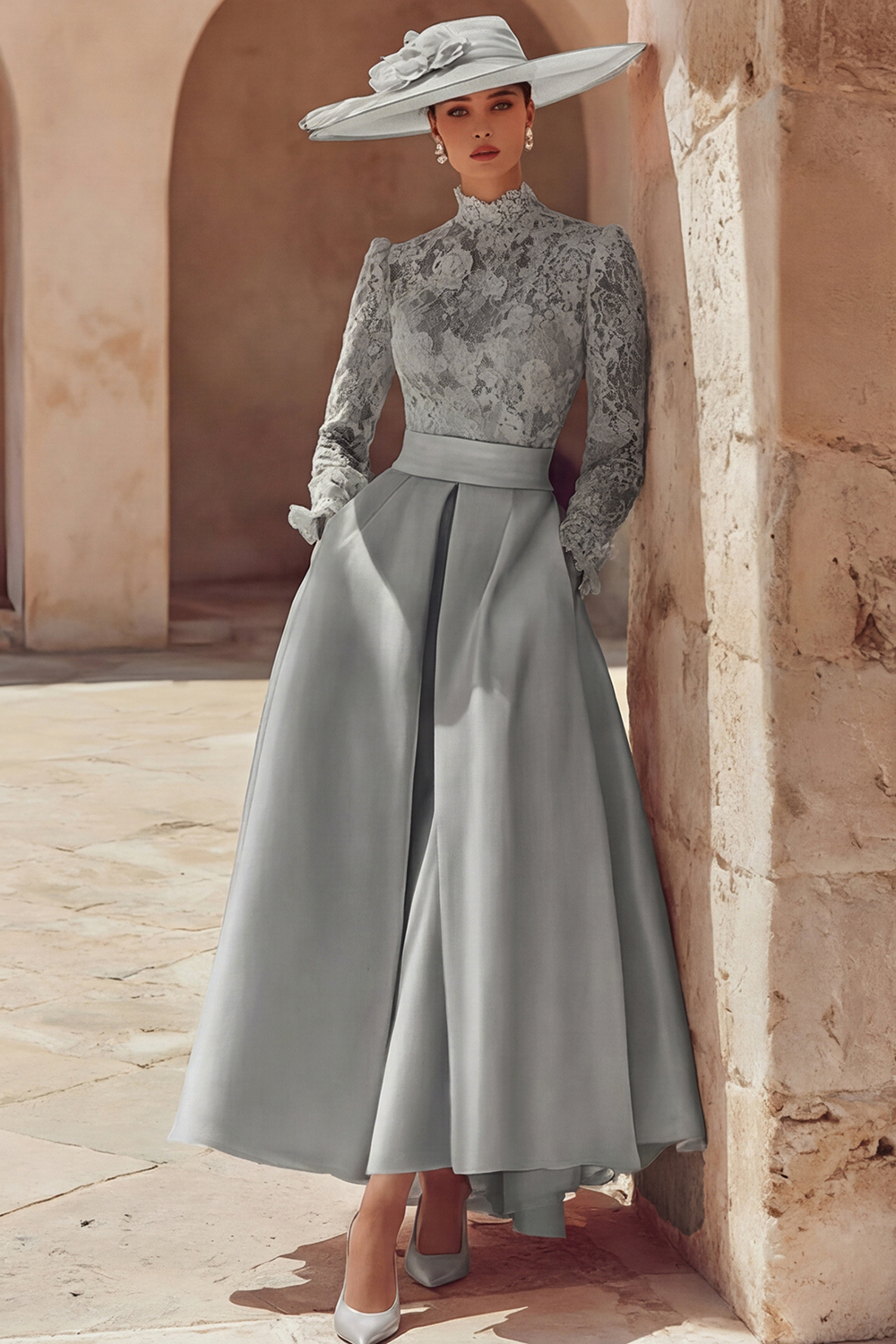 Candy Pink A Line High Neck Long Mother of the Bride Dress with Lace