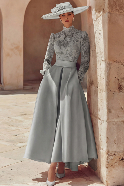 Candy Pink A Line High Neck Long Mother of the Bride Dress with Lace