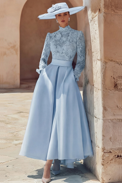 Candy Pink A Line High Neck Long Mother of the Bride Dress with Lace