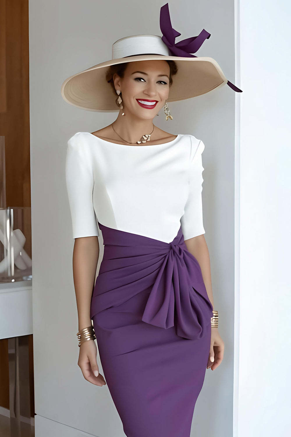 Grape Scoop Neck Sheath Midi Mother of the Bride Dress with Sleeves