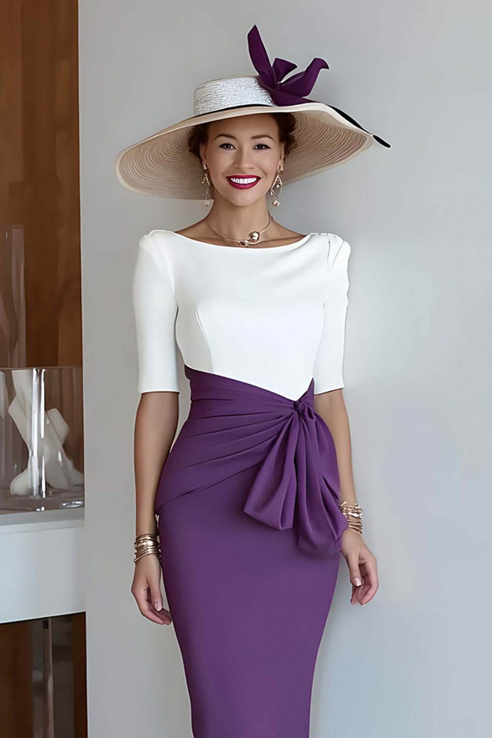 Grape Scoop Neck Sheath Midi Mother of the Bride Dress with Sleeves