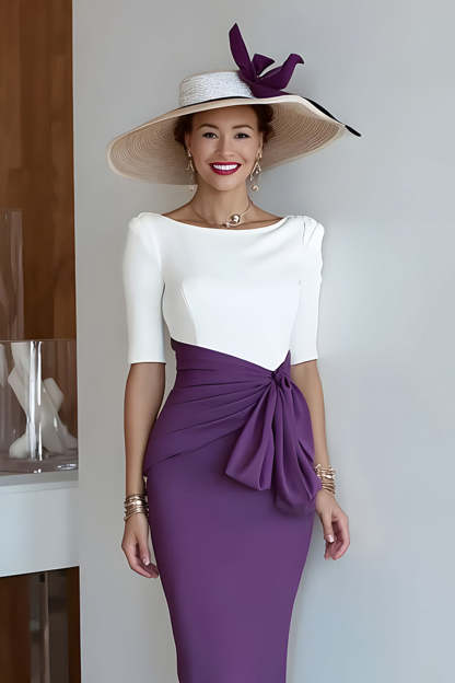 Grape Scoop Neck Sheath Midi Mother of the Bride Dress with Sleeves