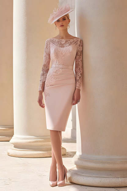Leely Women Blush Pink Bodycon Satin Midi Mother of the Bride Dress with Lace Illusion Neck Summer Wedding Guest Dress with Sleeves