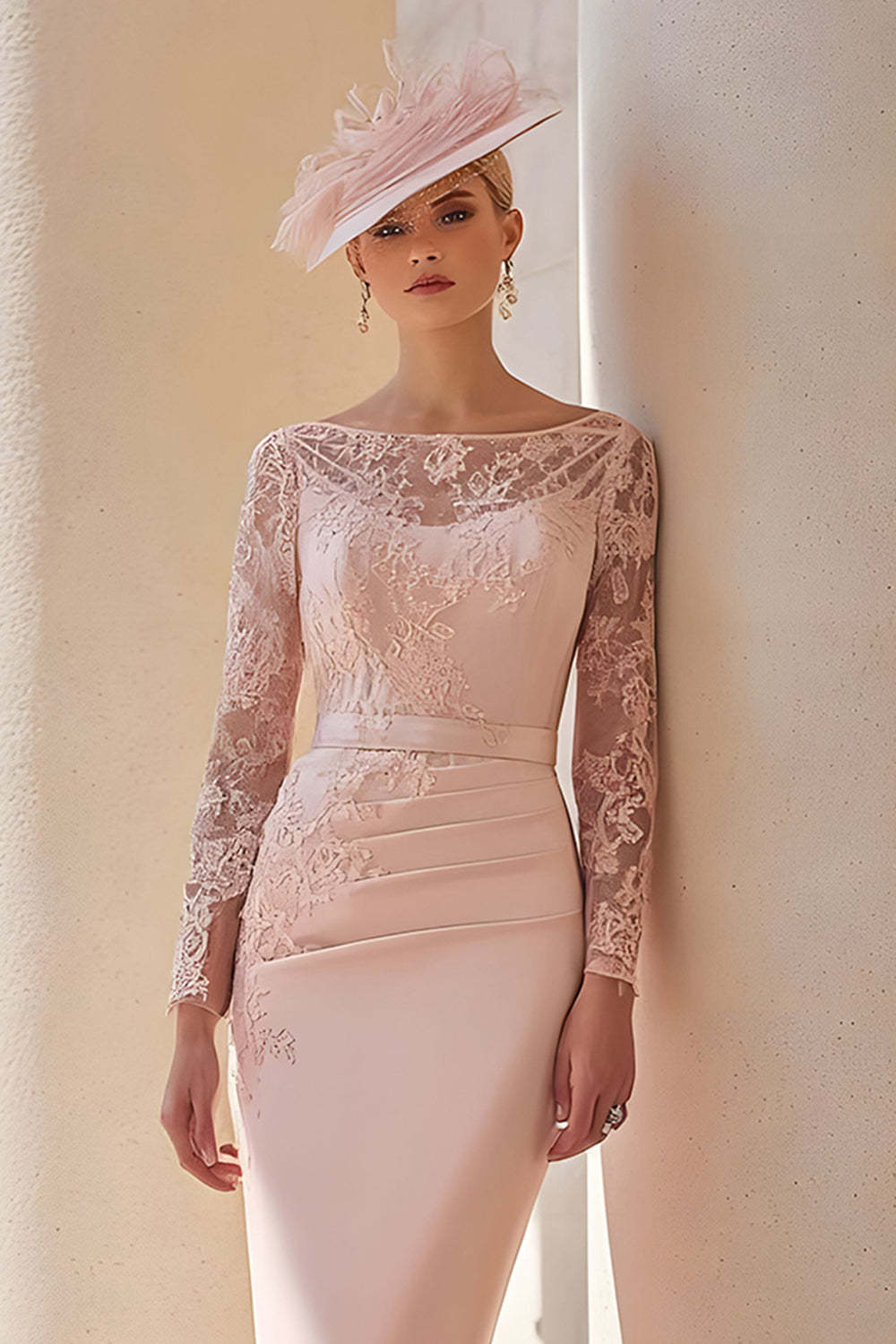 Blush Pink Bodycon Illusion Boat Neck Midi Mother of the Bride Dress with Lace