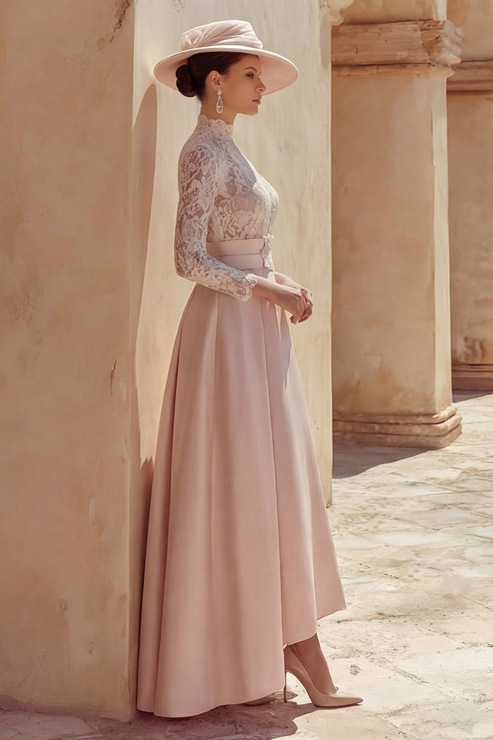 Candy Pink Long High Neck Mother of the Bride Dress with Lace