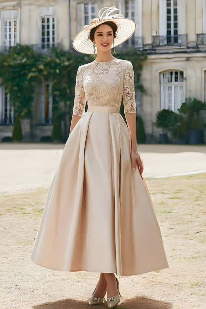 Blush Pink Satin A Line Maxi Mother of the Bride Dress with Lace