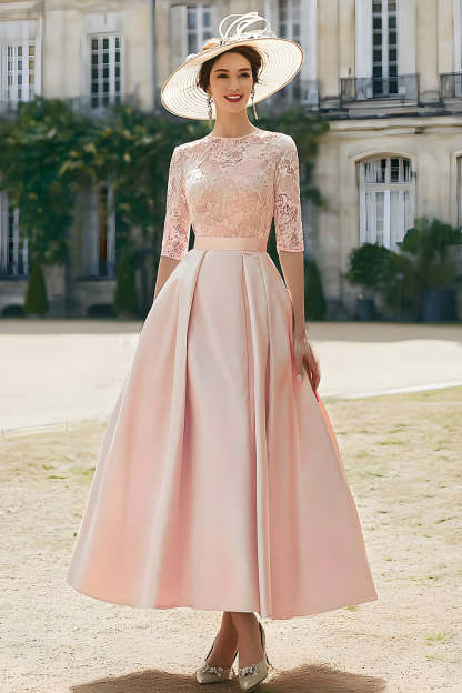 Leely Women Blush Pink Satin Maxi Mother of the Bride Dress with Lace A Line Round Neck Stunning Wedding Guest Dress with Sleeves