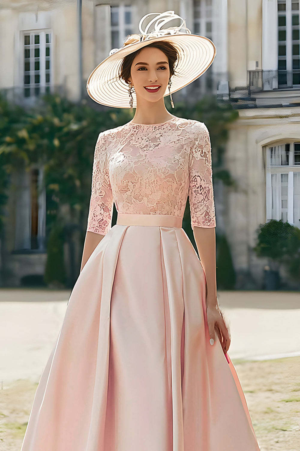 Blush Pink Satin A Line Maxi Mother of the Bride Dress with Lace