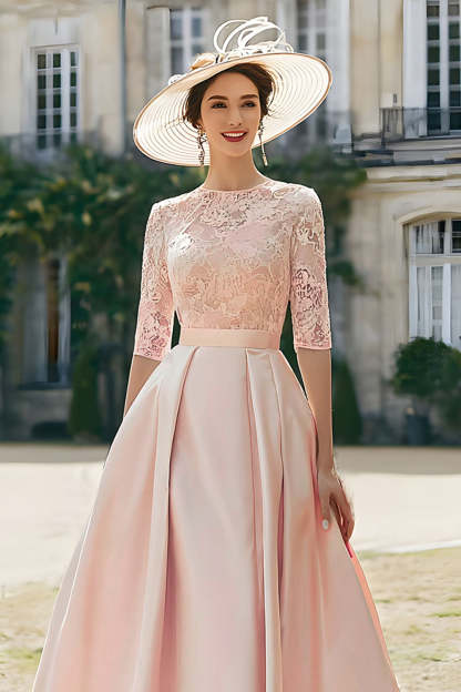 Blush Pink Satin A Line Maxi Mother of the Bride Dress with Lace