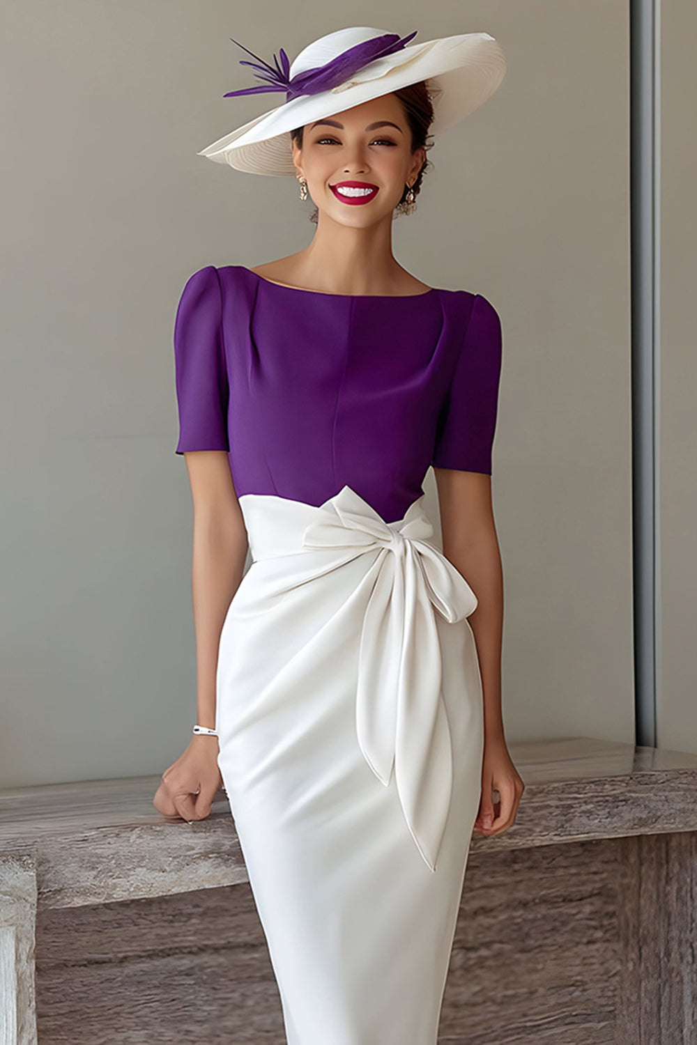 Grape Sheath Boat Neck Midi Mother of the Bride Dress with Bow