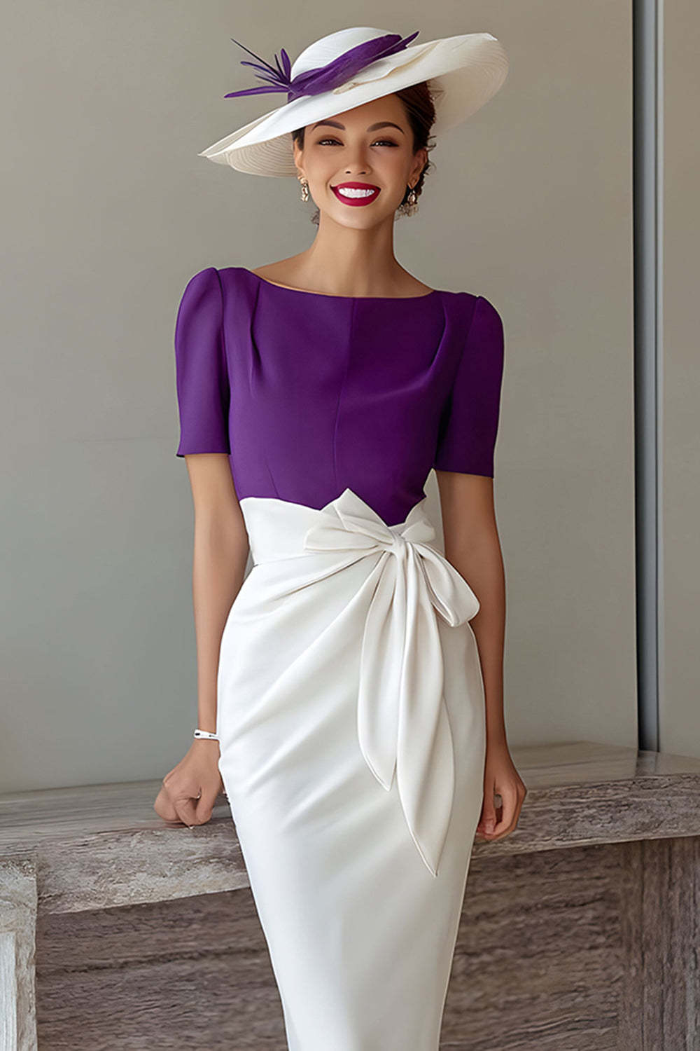 Grape Sheath Boat Neck Midi Mother of the Bride Dress with Bow
