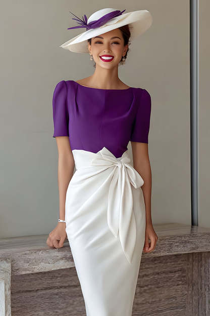 Grape Sheath Boat Neck Midi Mother of the Bride Dress with Bow