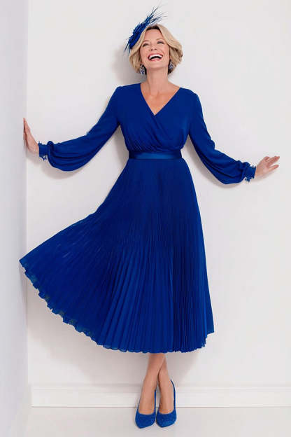 Leely Women Dark Blue Chiffon Pleated Maxi Mother of the Bride Dress with Sleeves V-Neck A Line Wedding Guest Dress