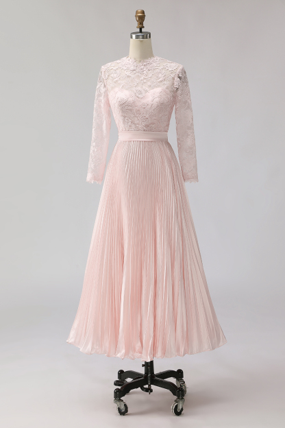 Blush Pink Pleated A Line Midi Mother of the Bride Dress with Lace