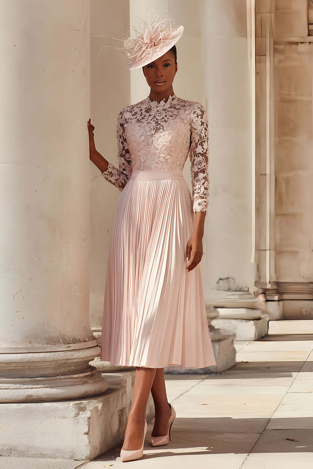 Leely Women Blush Pink Chiffon Midi Mother of the Bride Dress with Lace Pleated A Line Wedding Guest Dress with Sleeves