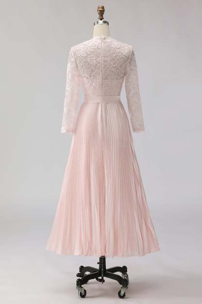 Blush Pink Pleated A Line Midi Mother of the Bride Dress with Lace
