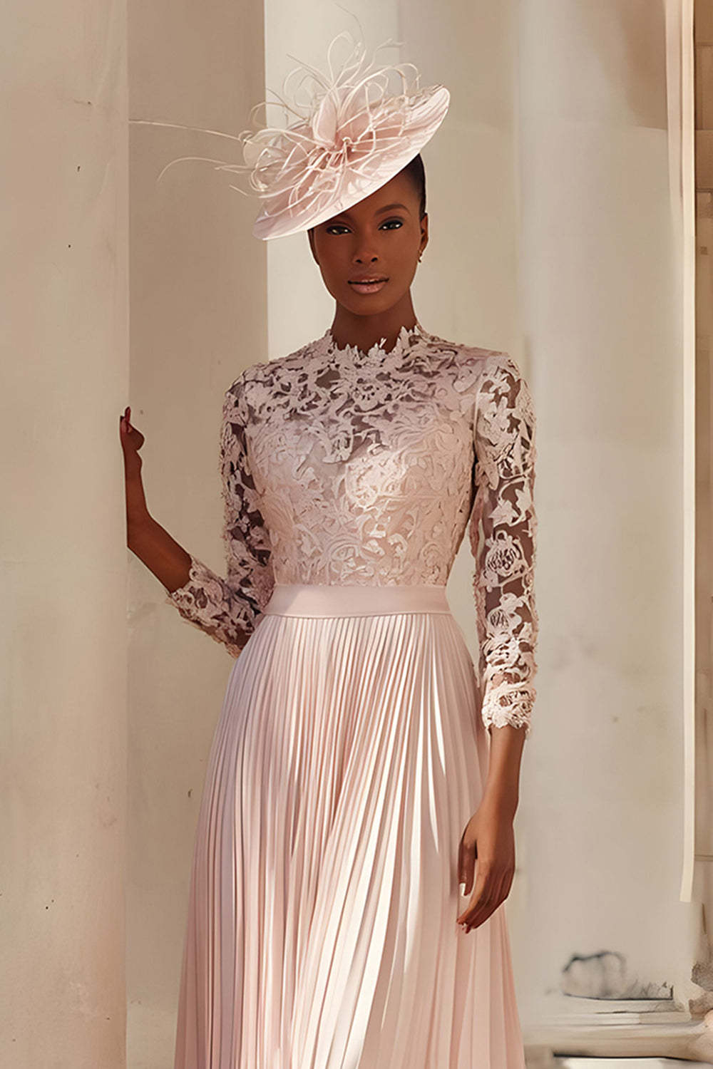 Blush Pink Pleated A Line Midi Mother of the Bride Dress with Lace
