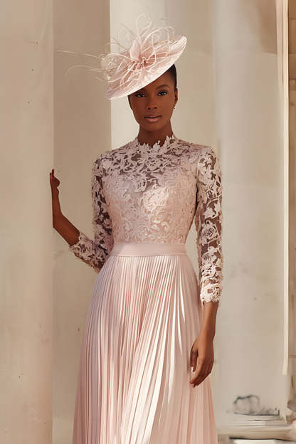 Blush Pink Pleated A Line Midi Mother of the Bride Dress with Lace