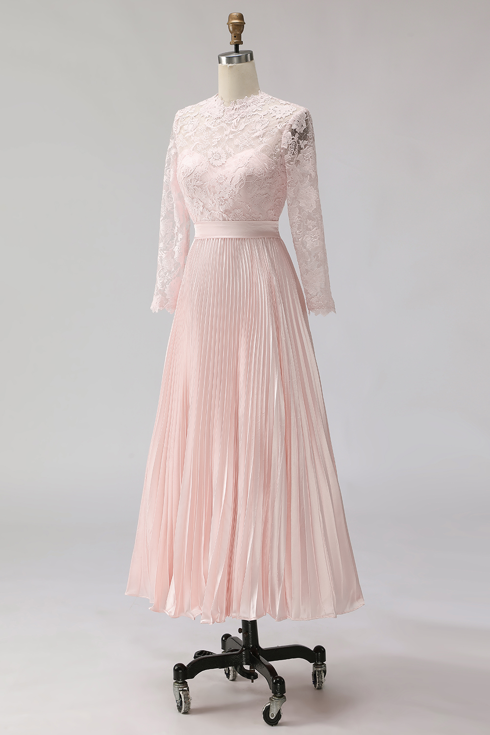 Blush Pink Pleated A Line Midi Mother of the Bride Dress with Lace