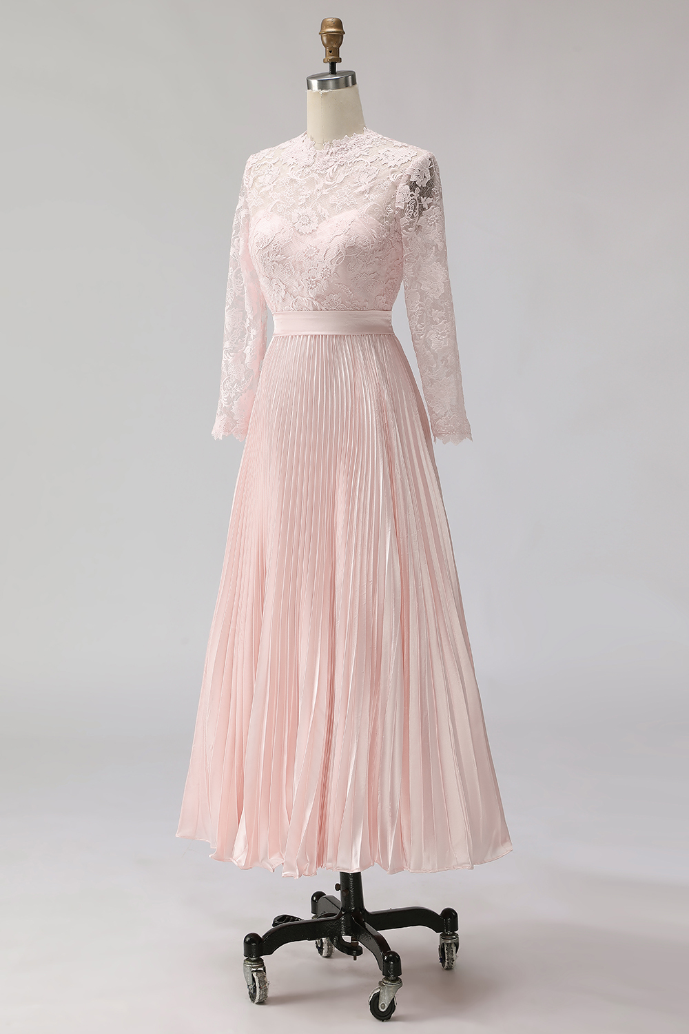 Blush Pink Pleated A Line Midi Mother of the Bride Dress with Lace