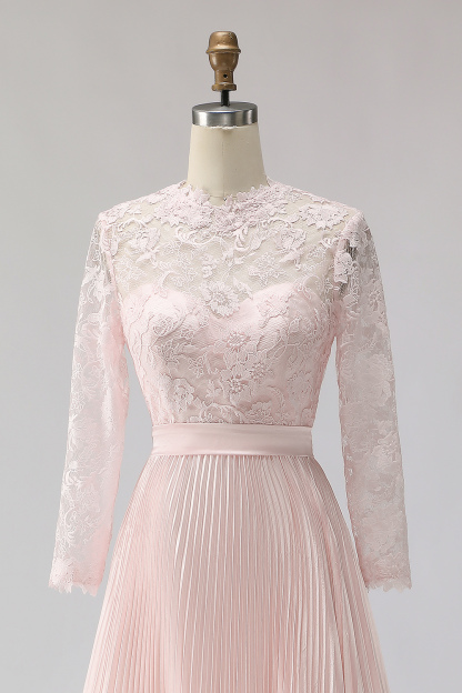 Blush Pink Pleated A Line Midi Mother of the Bride Dress with Lace