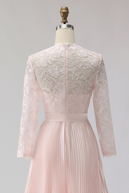 Blush Pink Pleated A Line Midi Mother of the Bride Dress with Lace