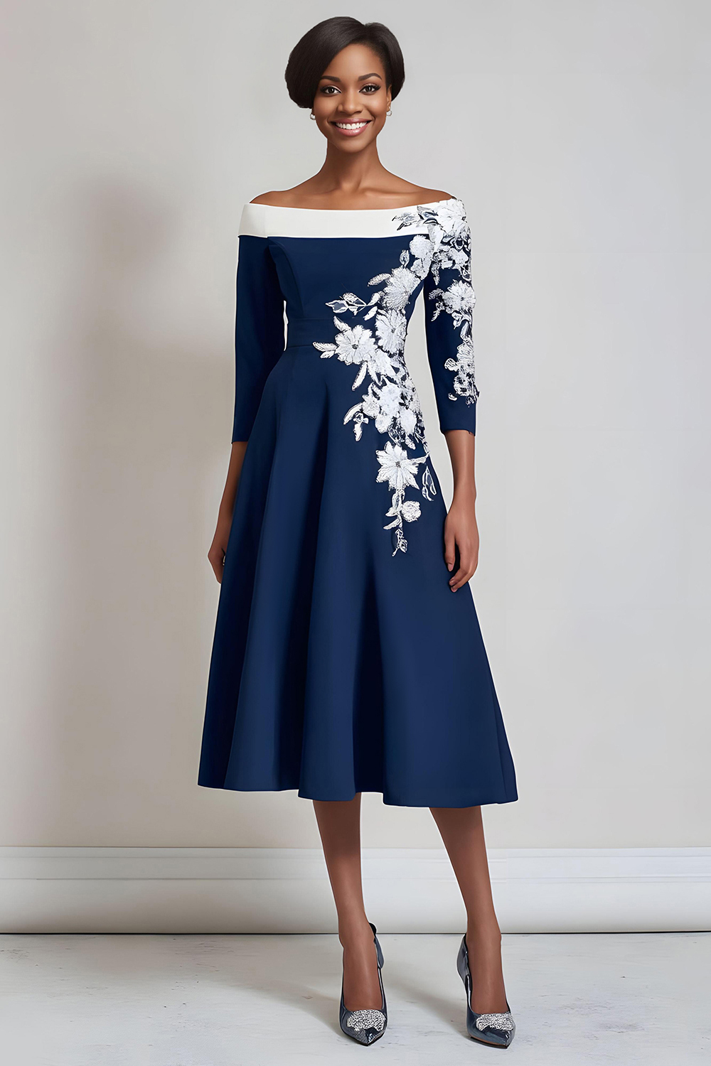 Leely Women Navy Satin Floral Midi Mother of the Bride Dress with Sleeves A Line Off the Shoulder Appliqued Wedding Guest Dress