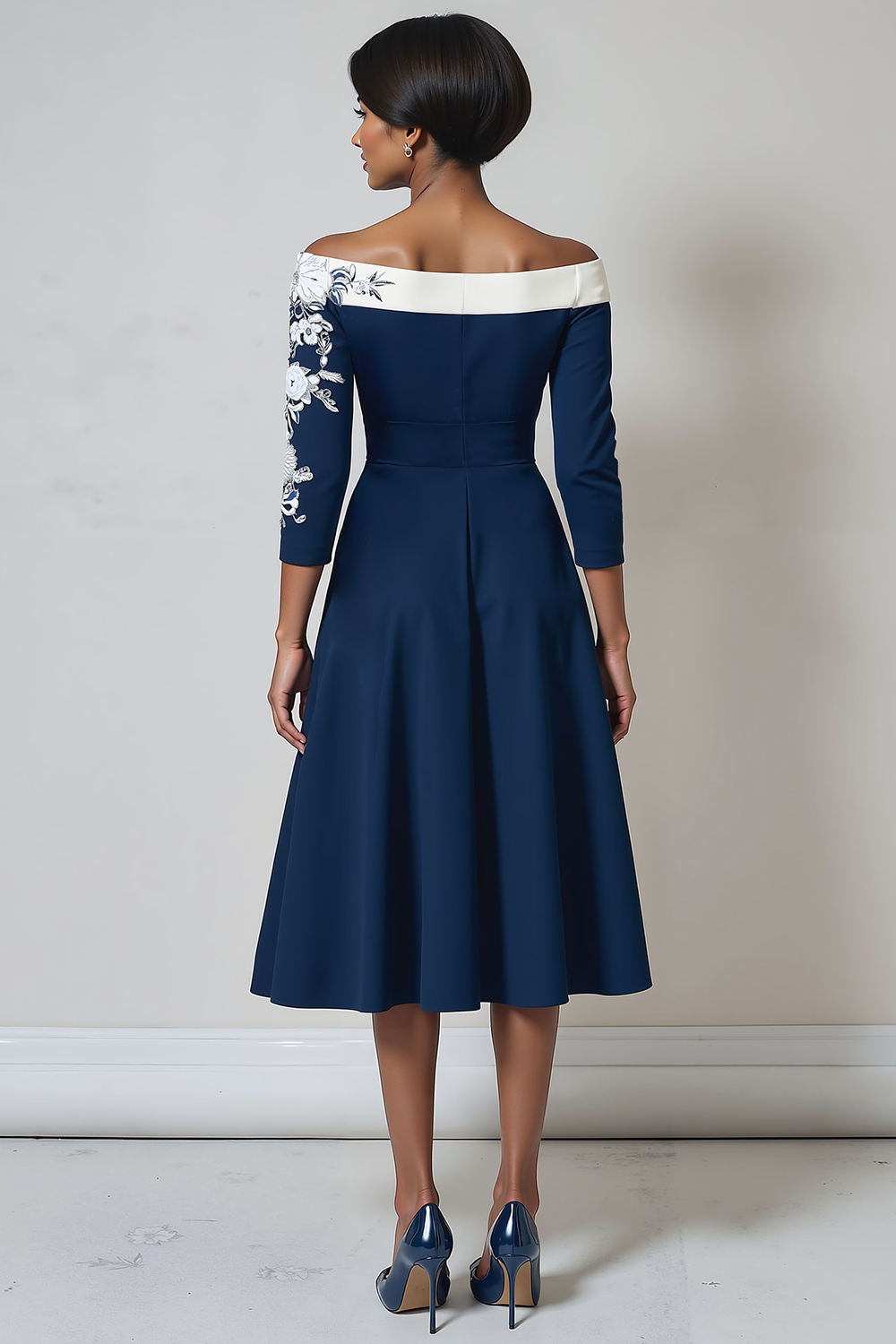 Navy A Line Floral Midi Mother of the Bride Dress with Sleeves